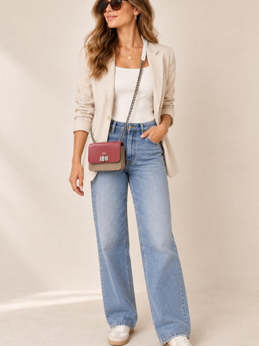 Victorio & Lucchino Pink Beige Leather Chain Crossbody Bag Turn Lock